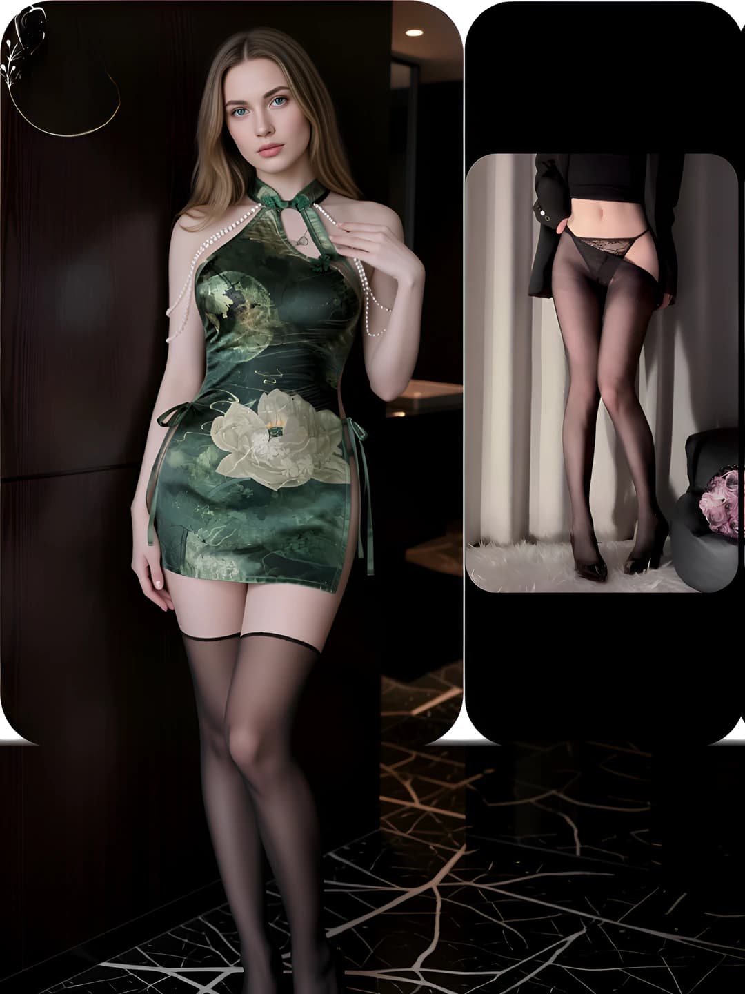 Green qipao + black open-crotch stockings