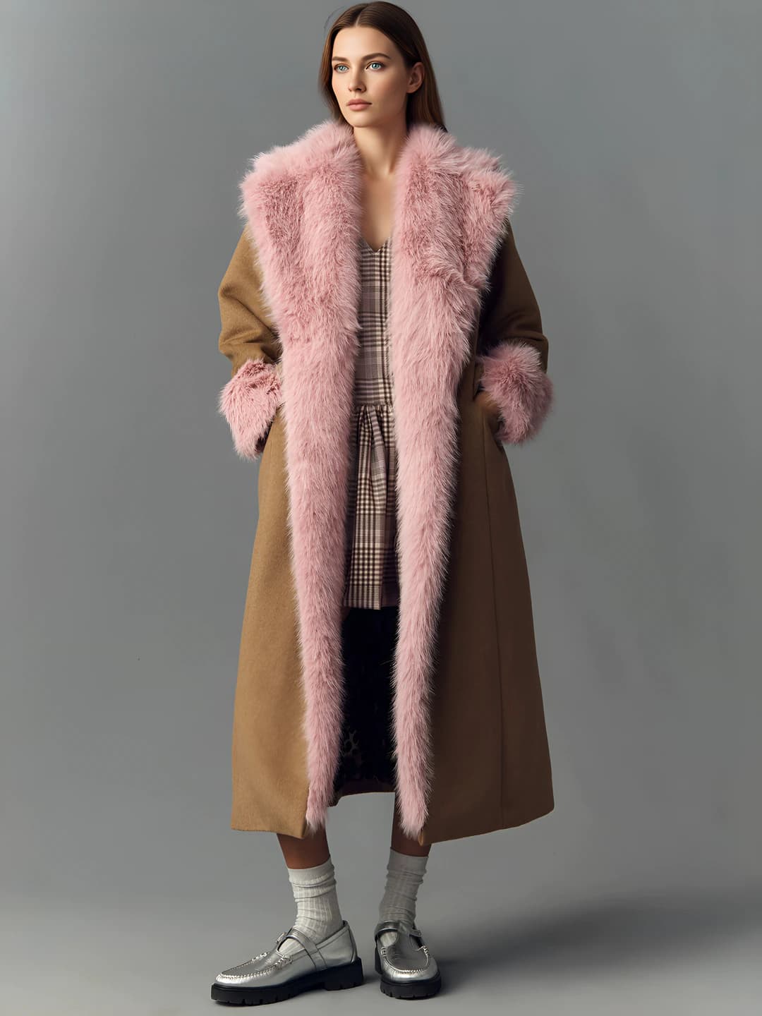 Women's retro street style thickened, loose fit, lapel collar, long sleeve, long coat made of fabric and faux sheepskin