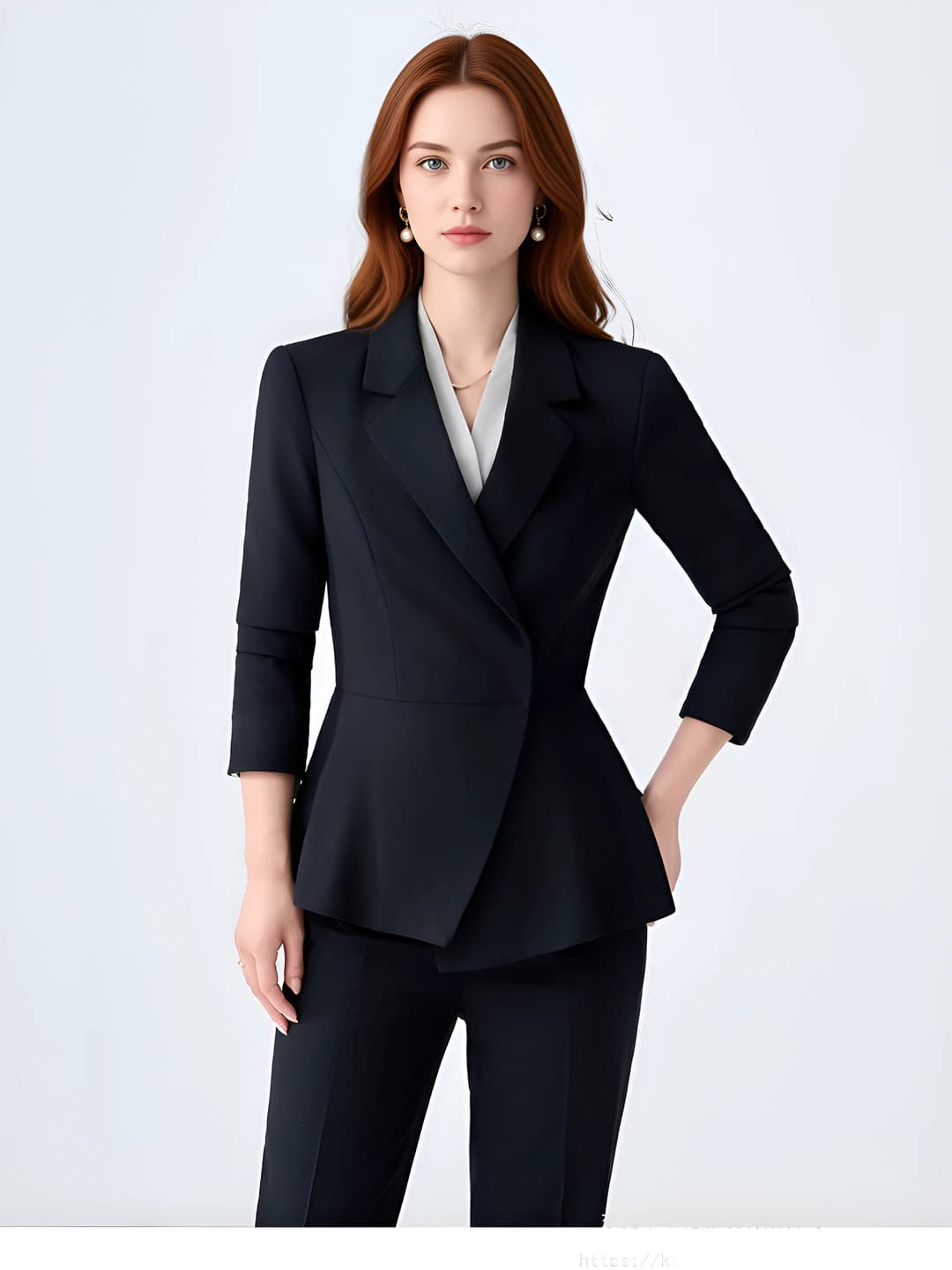 Women's business suit set with trousers for autumn-winter, slim fit, long sleeve, solid colour