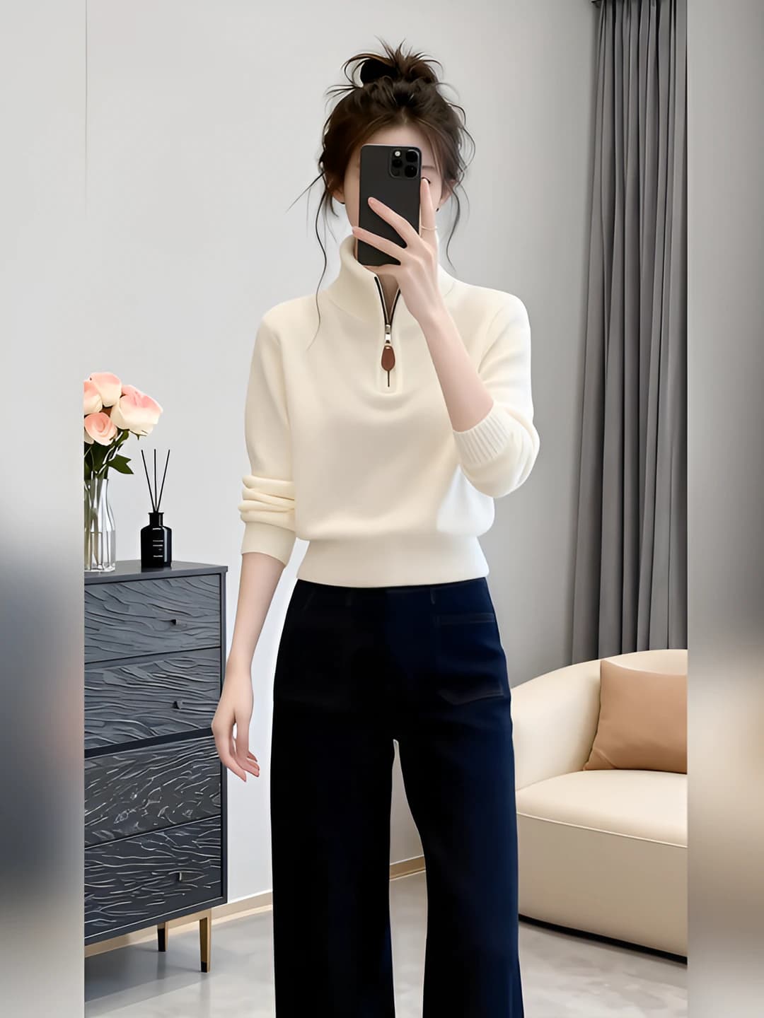 Women's knit pullover sweater, long sleeve, POLO collar, cropped, autumn-winter 2026