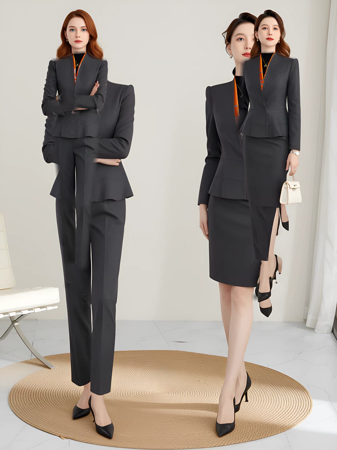 Grey long-sleeve suit + skirt + pants (with silk scarf)