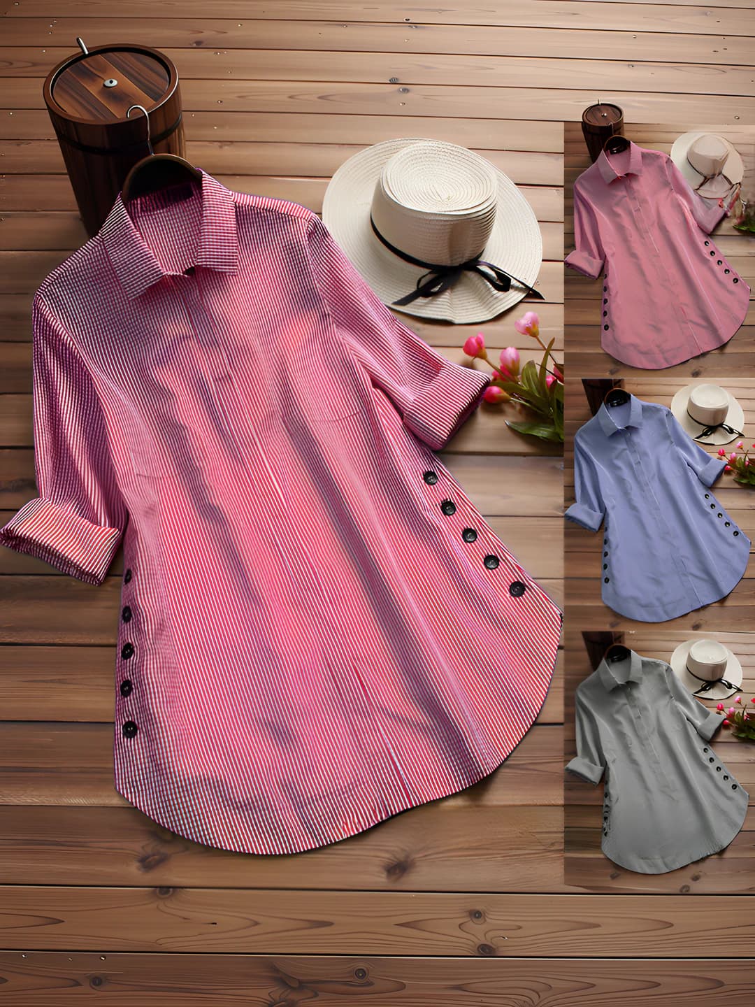 Women's autumn cotton checked long-sleeve shirt with lapel collar and loose fit