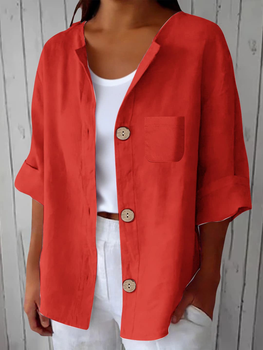 Women's summer retro loose fit shirt, solid colour, three-quarter sleeve, short sleeve, mid-length