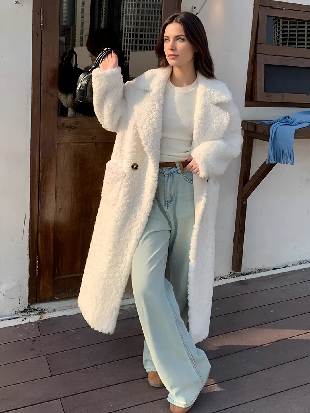 Women's long coat with long sleeve, lapel collar, solid colour, british style, with leather patch
