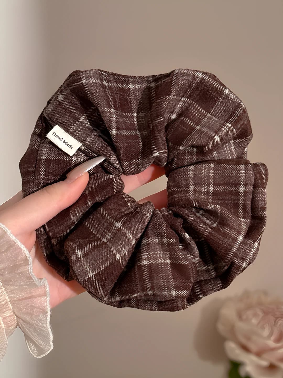 2# Khaki plaid hair tie 14 cm