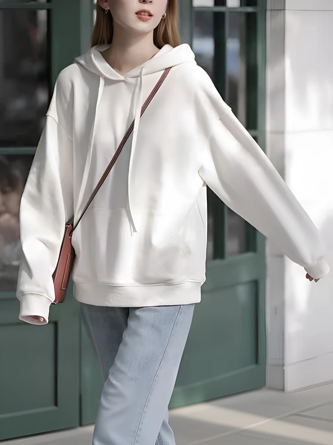 Ayollar uchun retro sof paxta oq bosma naqshli bo'sh (oversize) xudi, kuz-qish mavsumi uchun