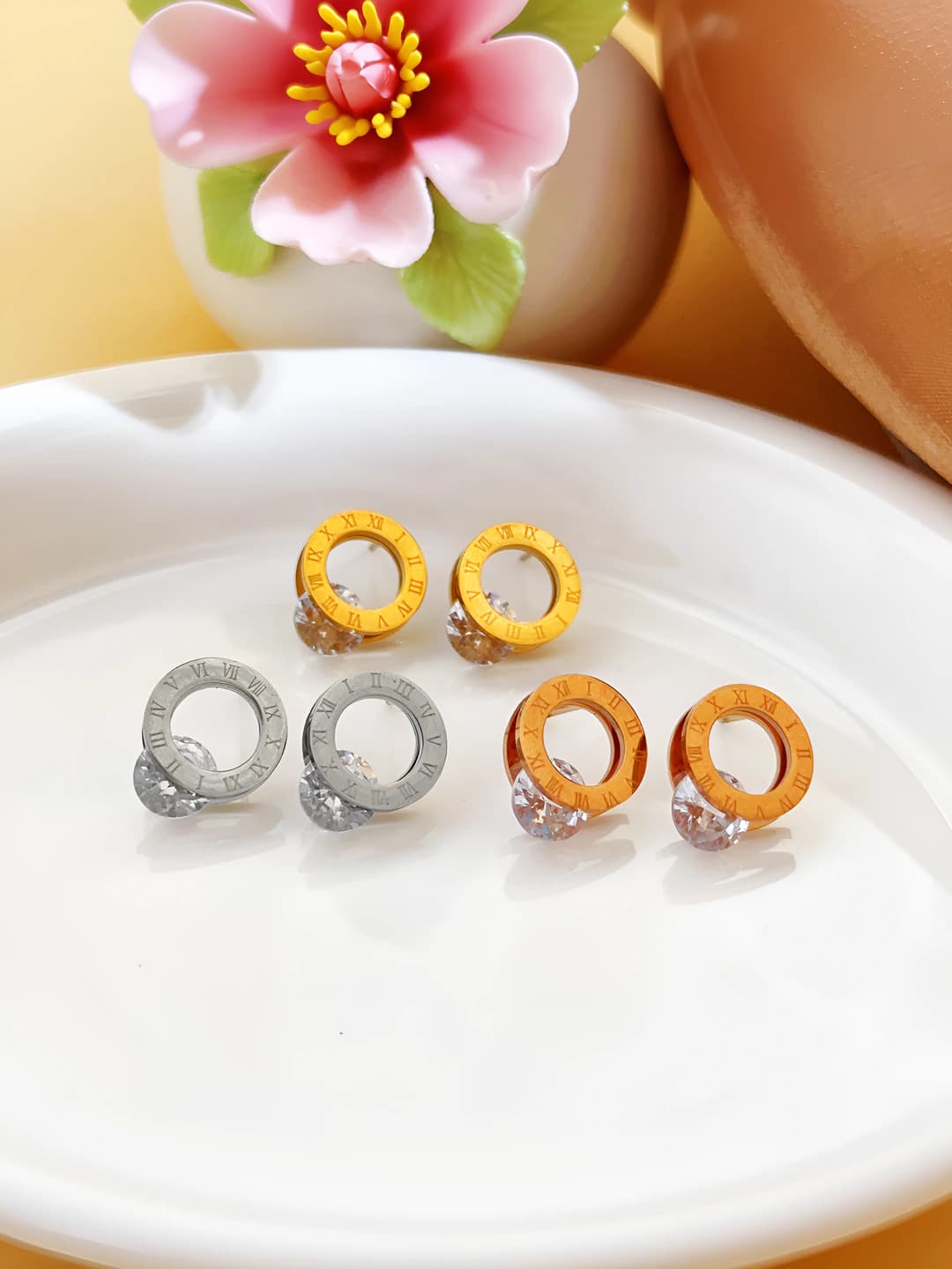 Women's titanium steel stud earrings with Roman letters and crystals in elegant OL style