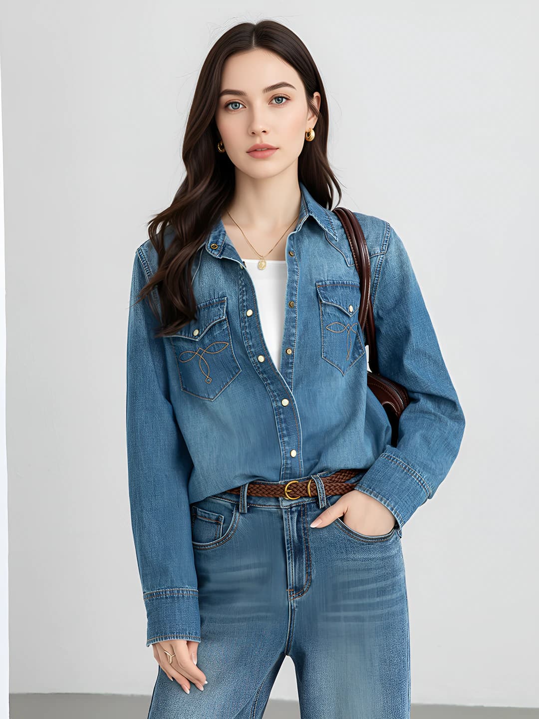Ayollar uchun retro uslubdagi denim ko'ylak-shirt, qaytarma yoqa, uzun yeng, kundalik