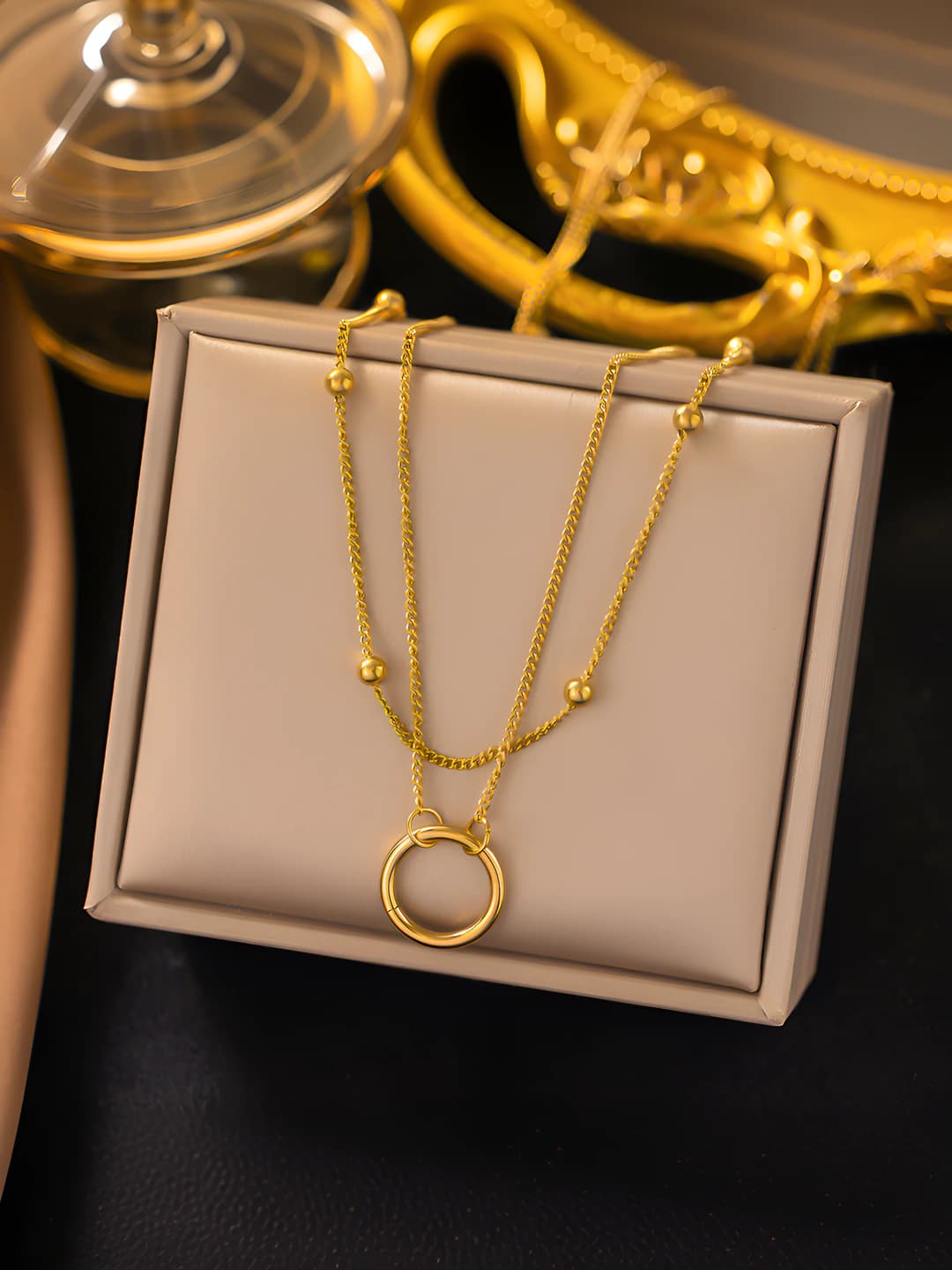 Women's two-layer round titanium steel necklace with geometric design element, 41-50 cm