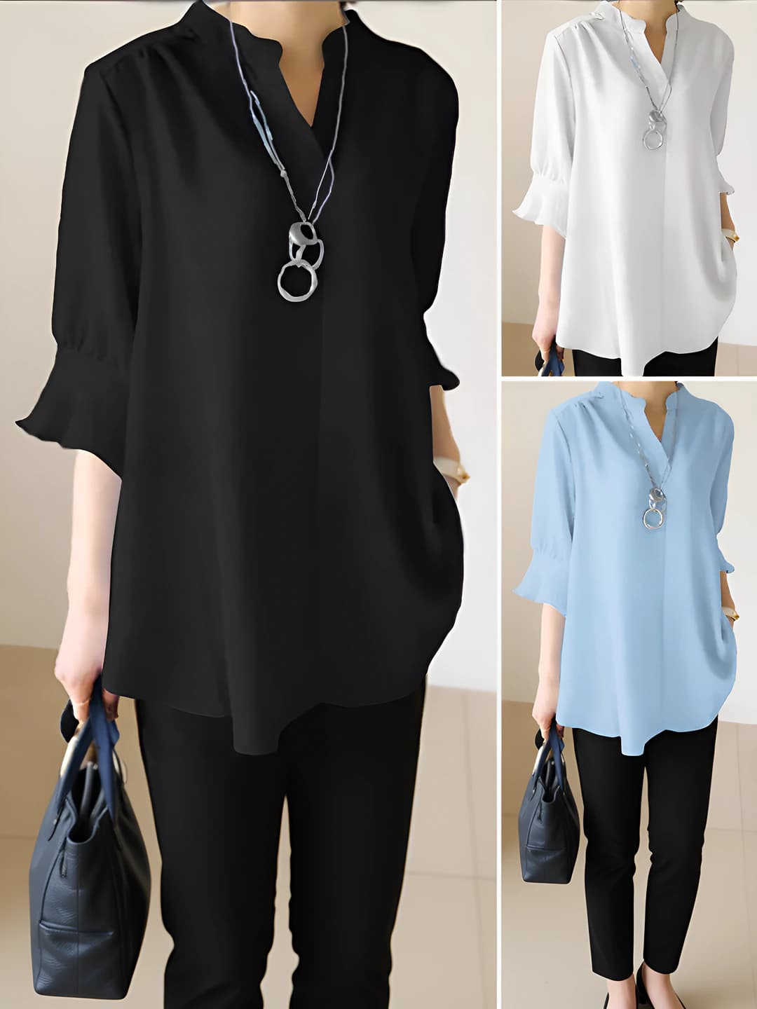 Ayollar uchun bo'sh (oversize) kesimli, V-yoqali, uzun yengli, bir rangli, kundalik, katta o'lchamli, 95%+ asosiy mato tarkibi bo'lgan uzun bluzka
