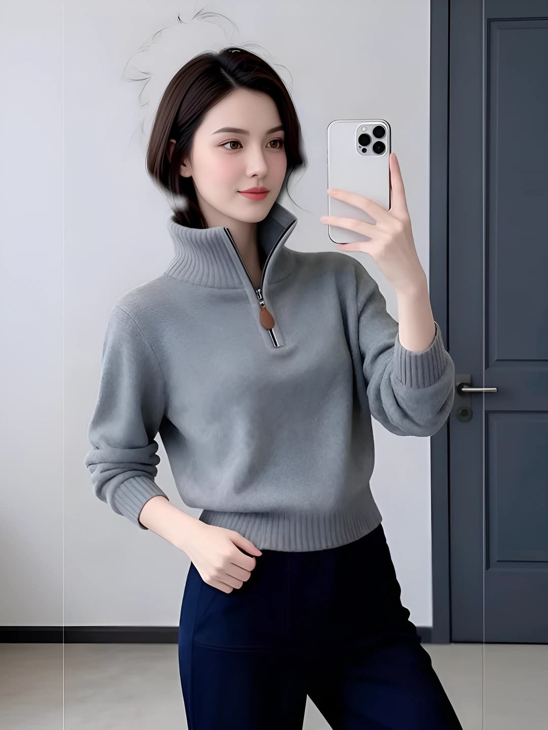 Women's knit top, long sleeve, POLO collar, cropped, autumn-winter 2026