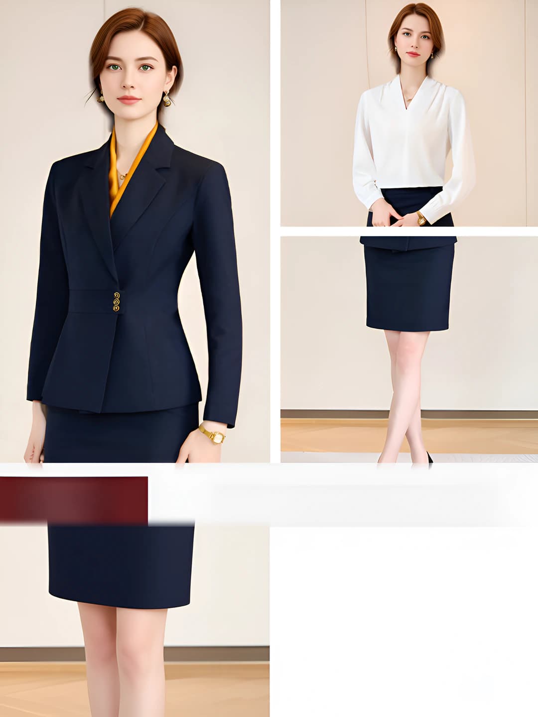 Navy suit + white shirt + skirt