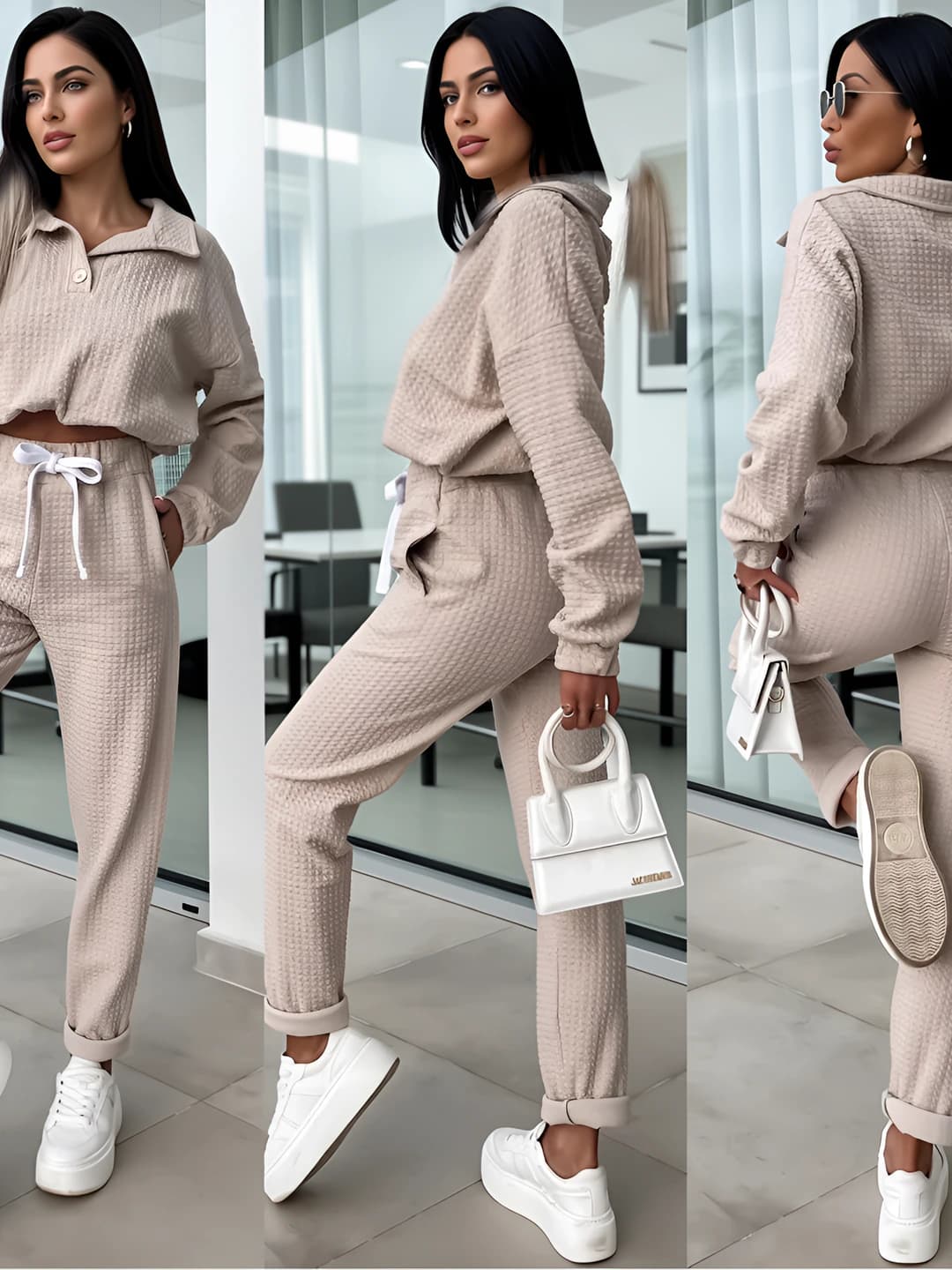 2026 women's casual clothing set: loose fit lapel collar long sleeve sweatshirt + trousers