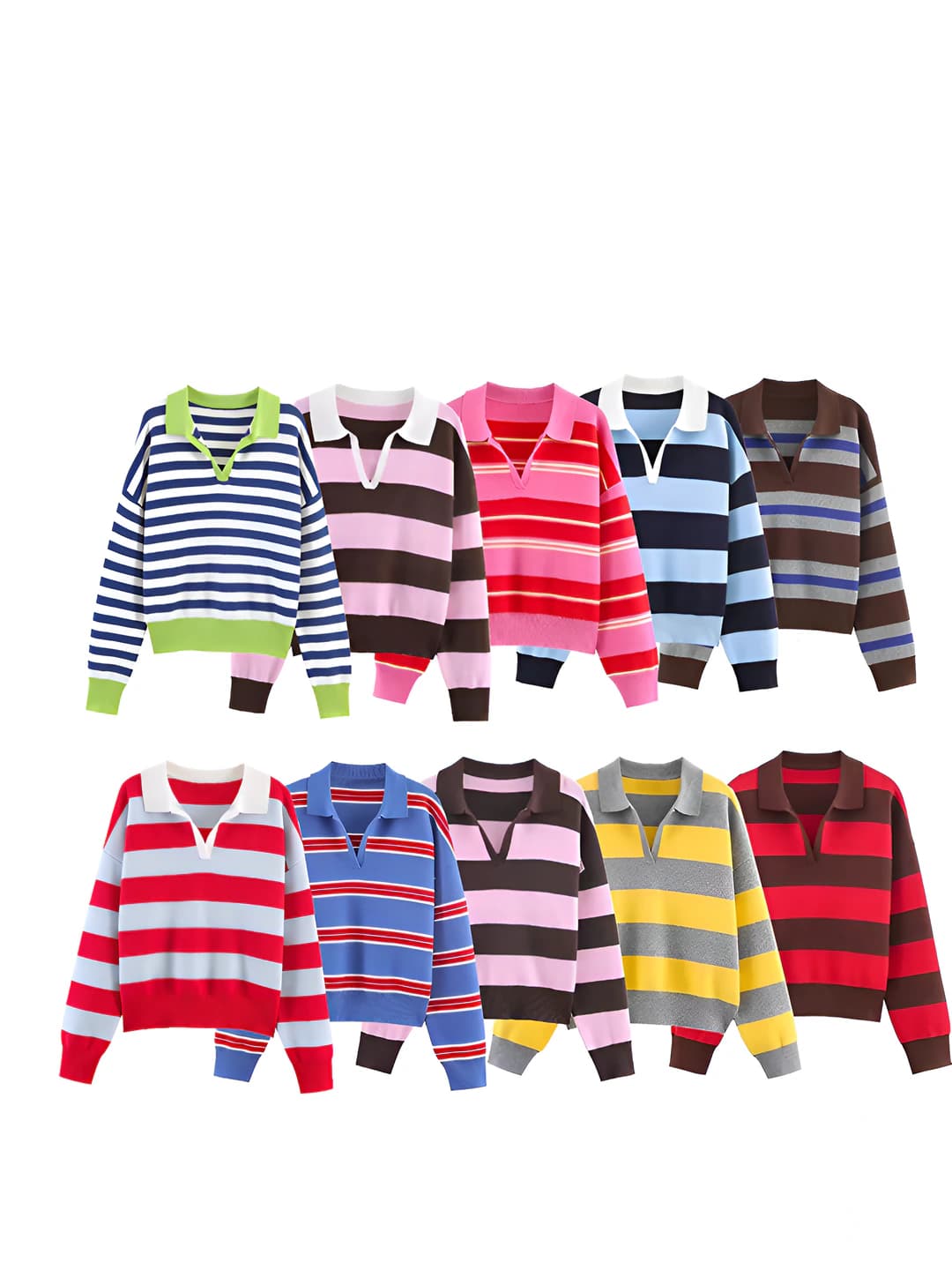 Ayollar uchun chiziqli knitted polo-yoqali sviter, uzun yeng, kundalik uslub