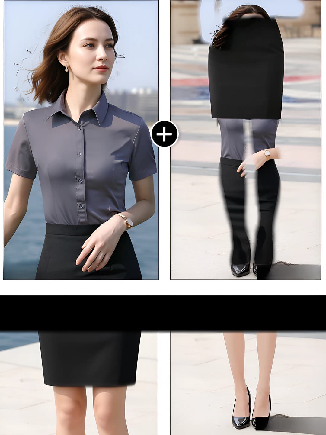 Short sleeve: grey shirt + black skirt