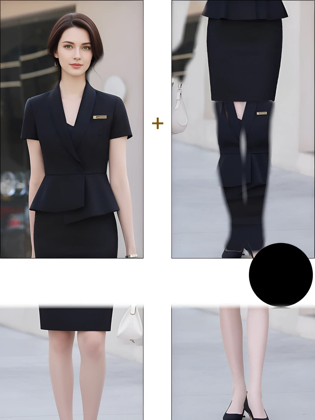 One button, black suit + black skirt