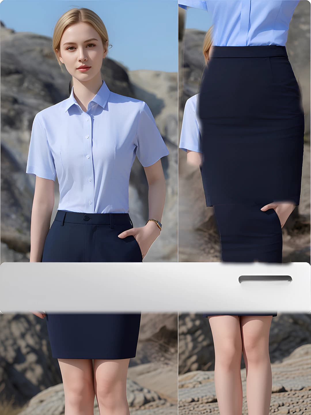 Women's short sleeve, blue houndstooth + navy skirt