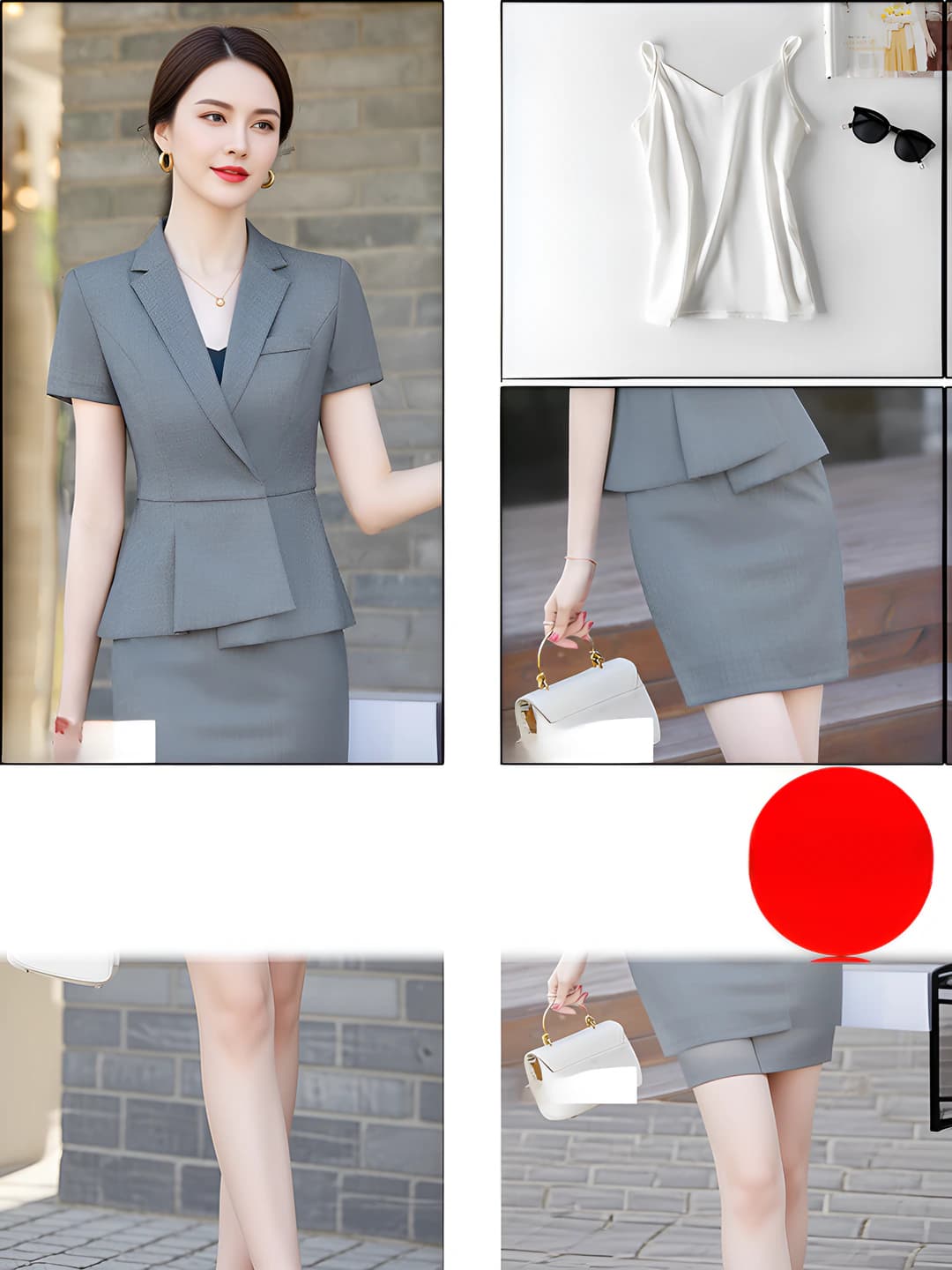 Hidden button - Grey blazer + Skirt + White tank