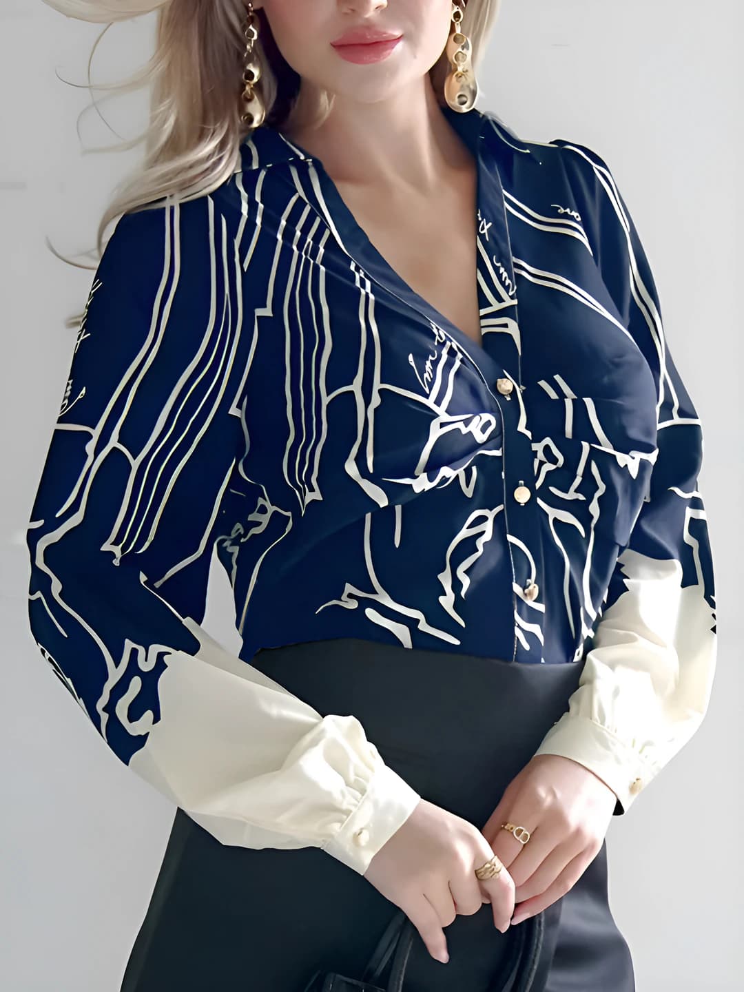 Women's long-sleeve printed blouse with V-neck, abstract pattern, made of polyester, regular fit, multi-button closure, business style