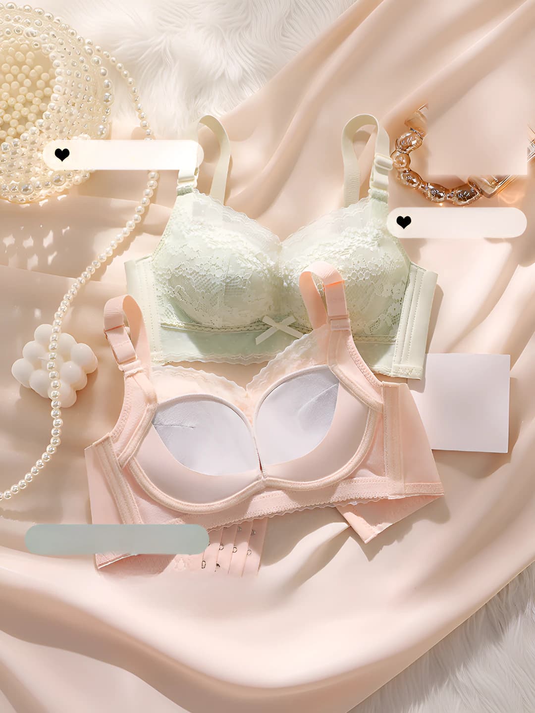 Women's lace bra: visual enhancement, gathering, lifting, side control, sag prevention, mid-thick, wire-free, shaping
