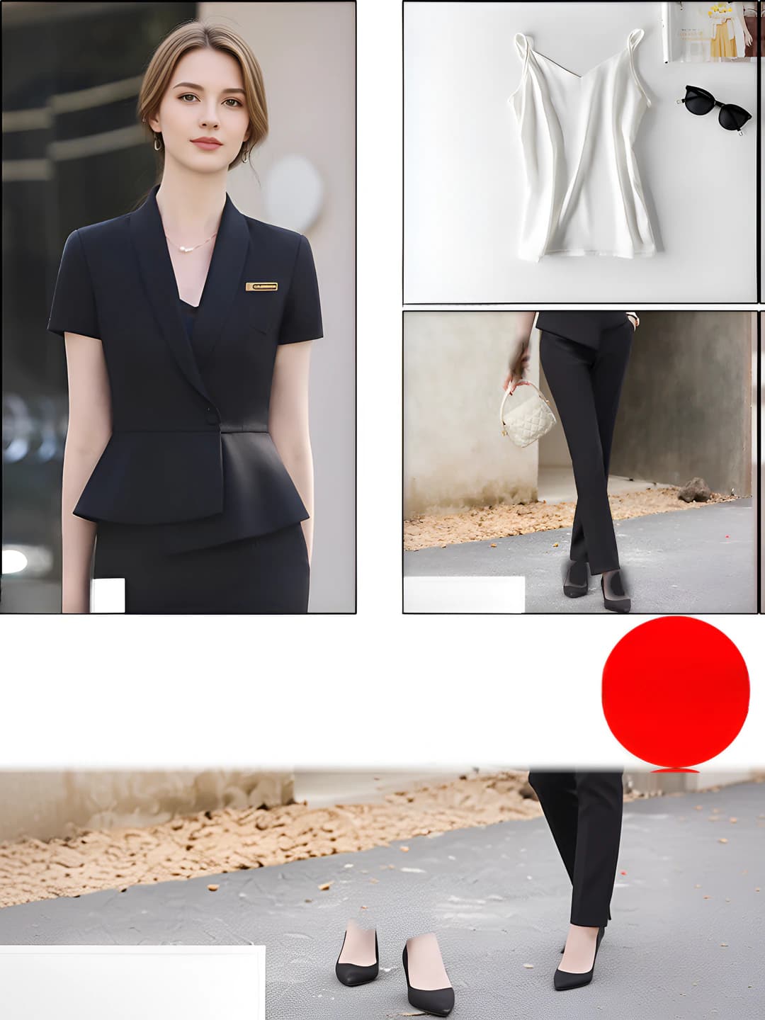 One button - Black blazer + Black pants + White tank