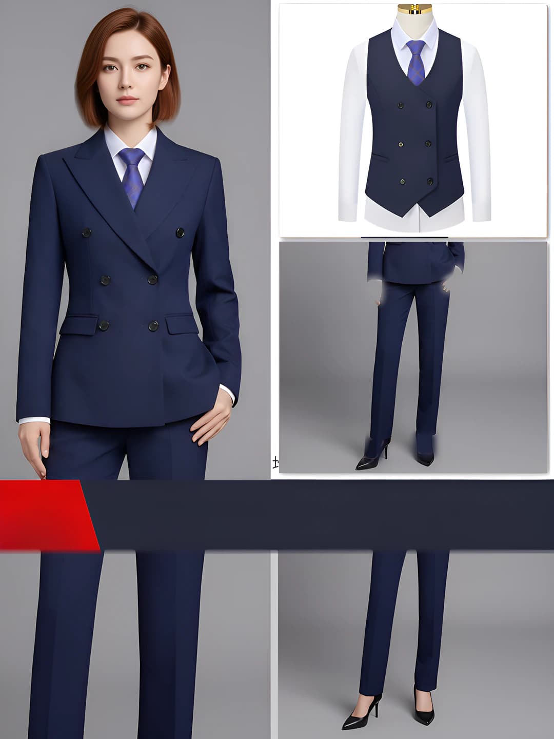 Ayol: To'q ko'k kostyum + vest + shim