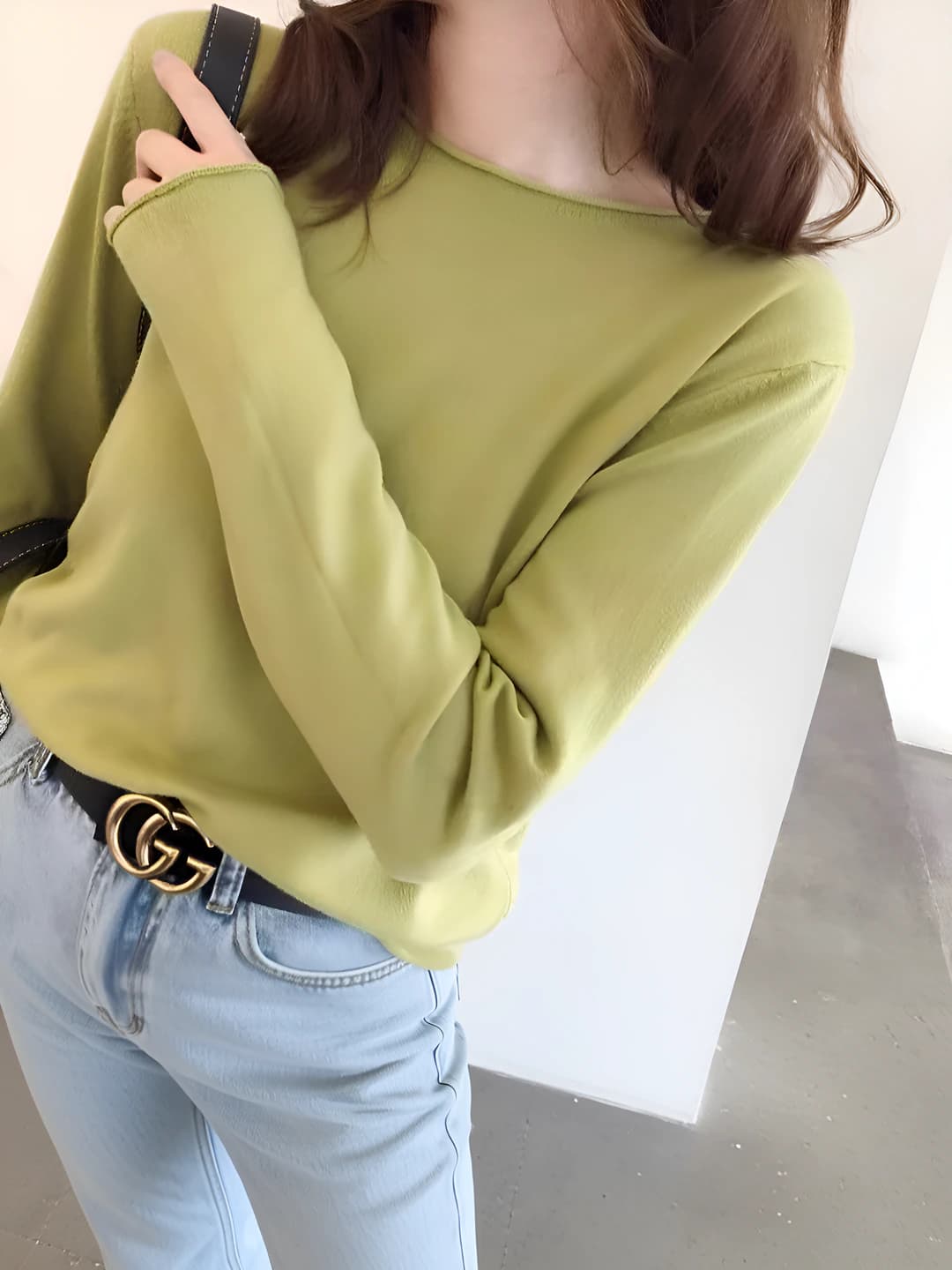 Women's thin sweater, crew neck, long sleeve, straight cut, solid colour, Korean style