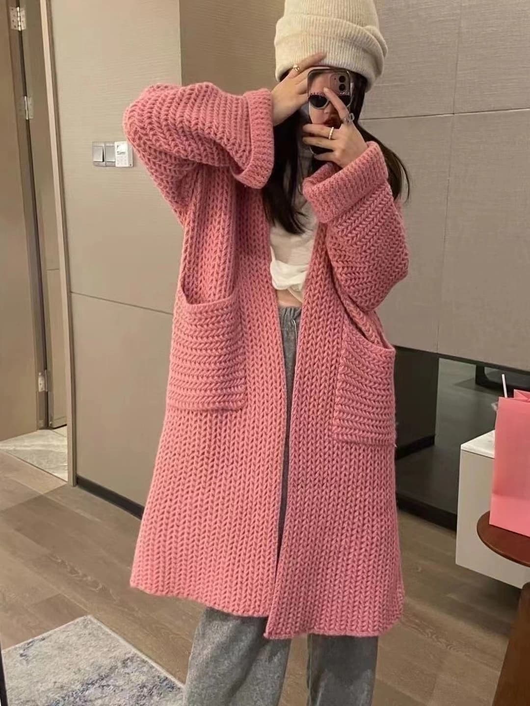 Women's autumn-winter casual loose fit long thick 3D pattern solid colour retro cardigan