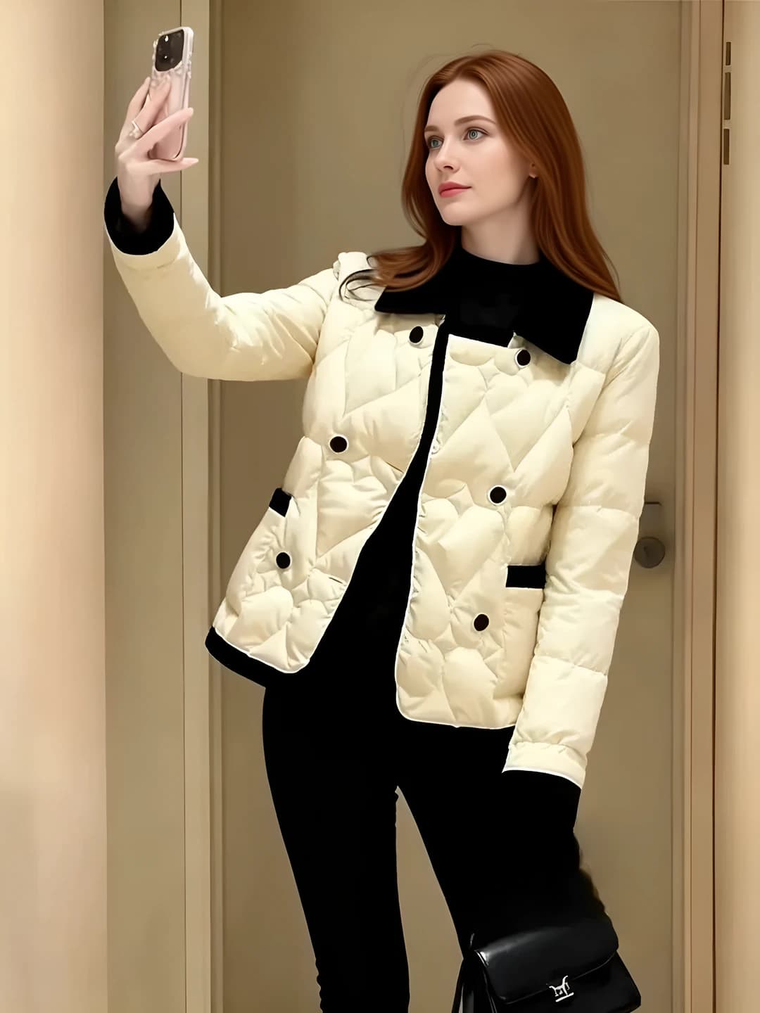 Women's padded jacket with lapel collar, winter, long sleeve, cropped, 2026