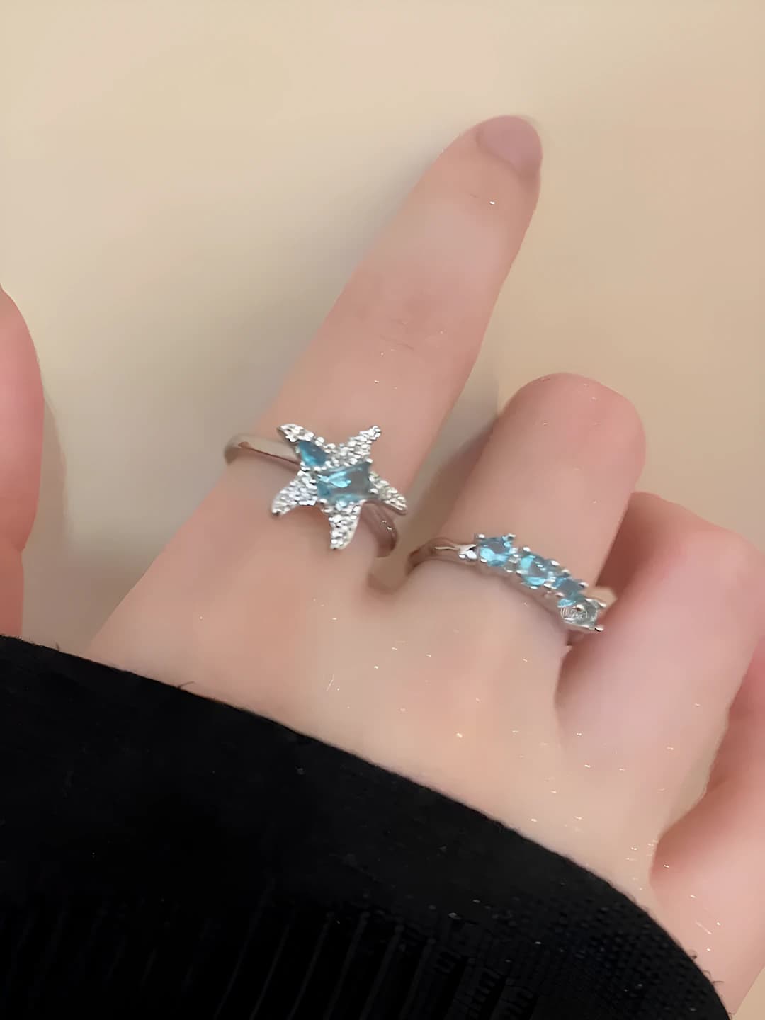Blue star adjustable ring for women, Korean style, for layering