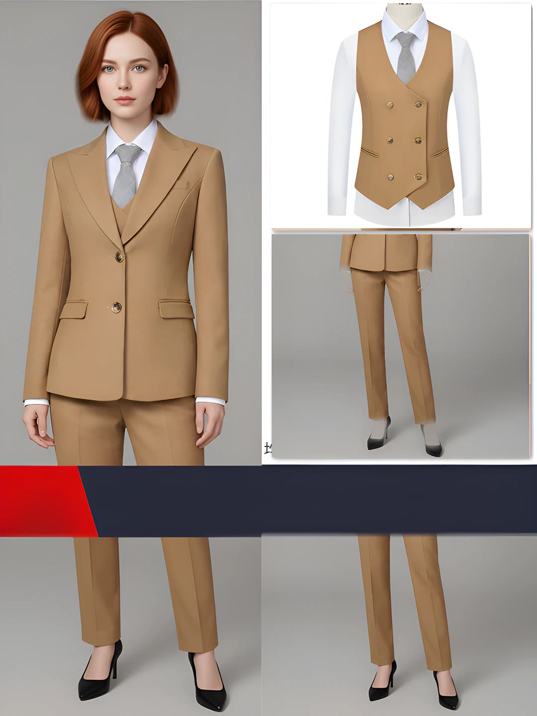Ayollar uchun xaki kostyum + jilet + shim