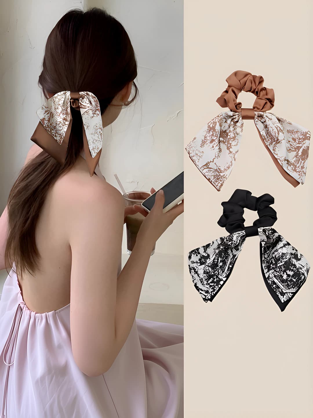Women's retro printed hair tie with ribbon bow, stretch, Korean-Japanese style, fresh and sweet