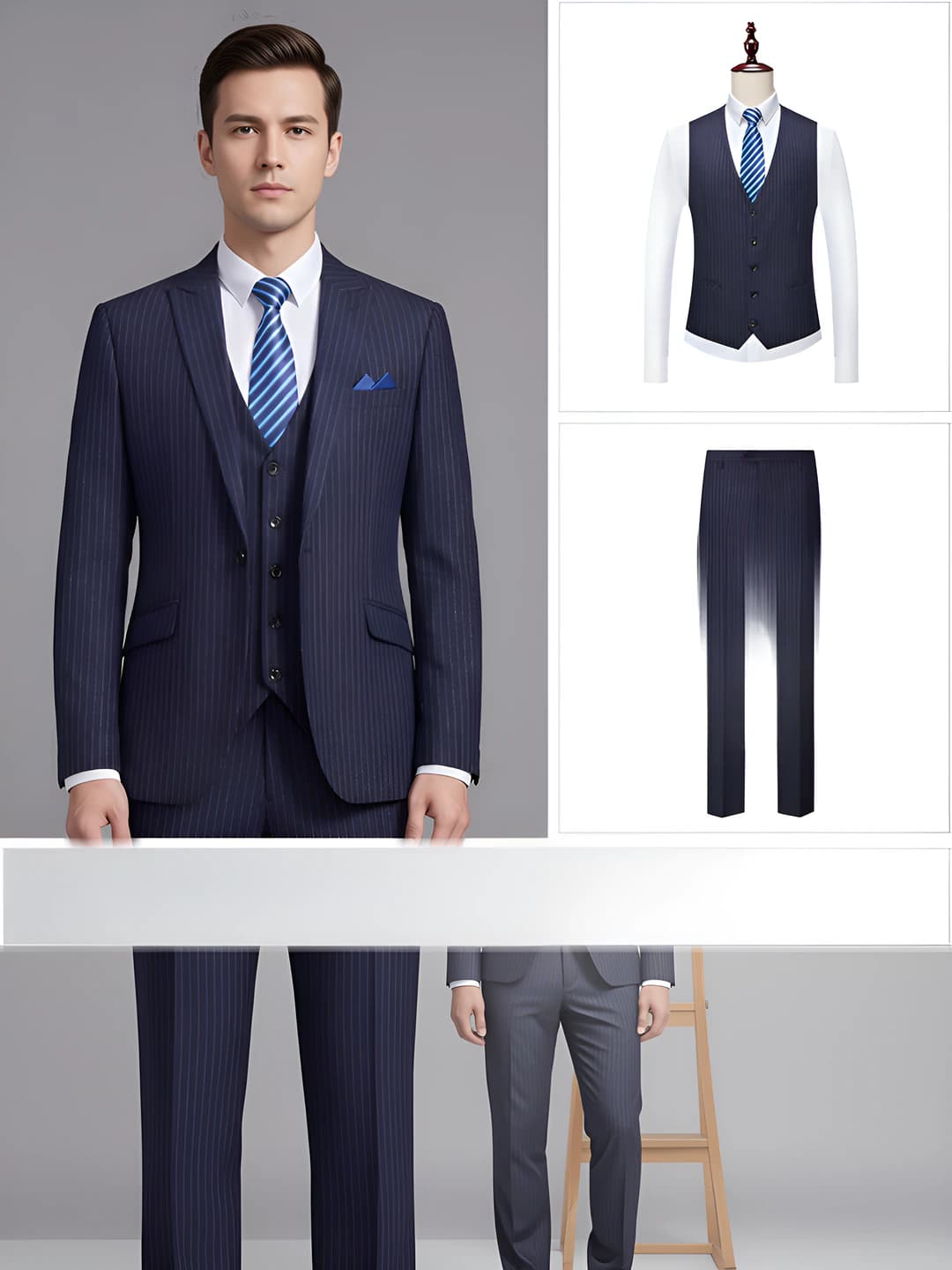Men: Blue suit + vest + trousers