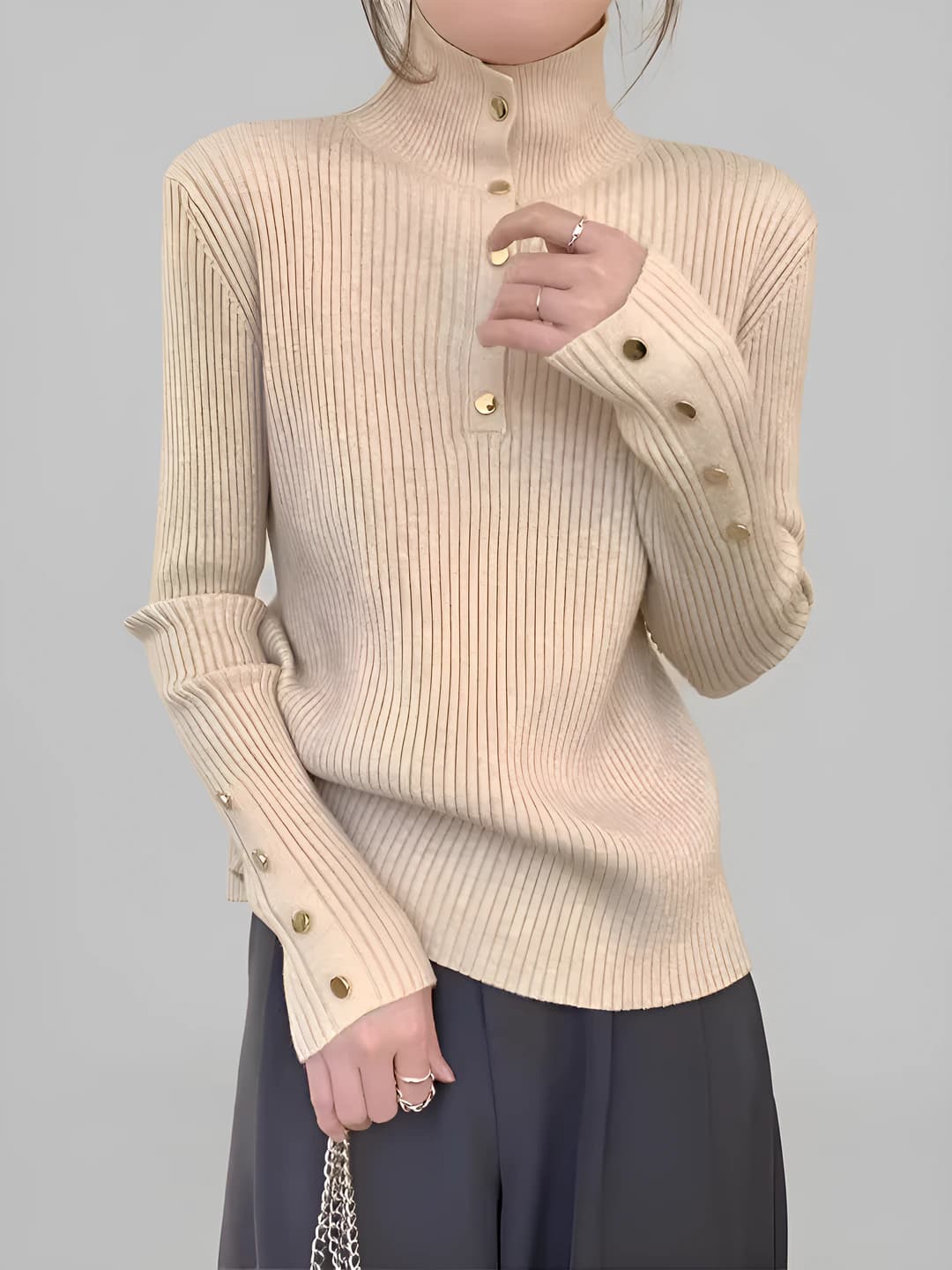 Women's knit sweater for autumn-winter, thick, solid colour, straight cut, long sleeve, polo collar