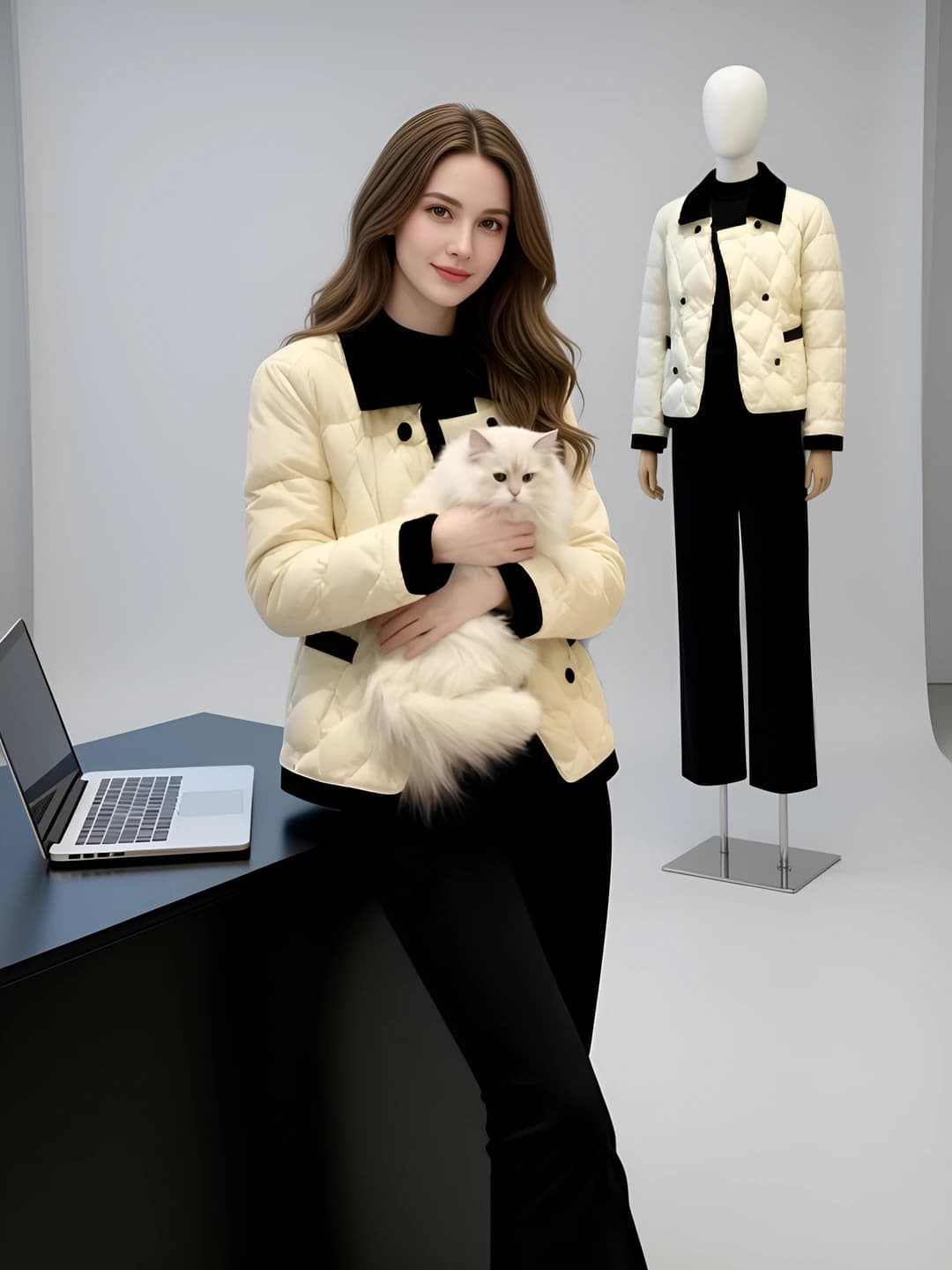 Women's retro padded jacket with lapel collar, cropped length, long sleeve, winter