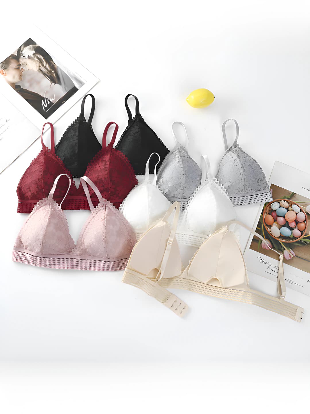 Women's lace triangle-cup bra, back closure, deep V, beautiful back, underwear, breathable, 90%-95% nylon