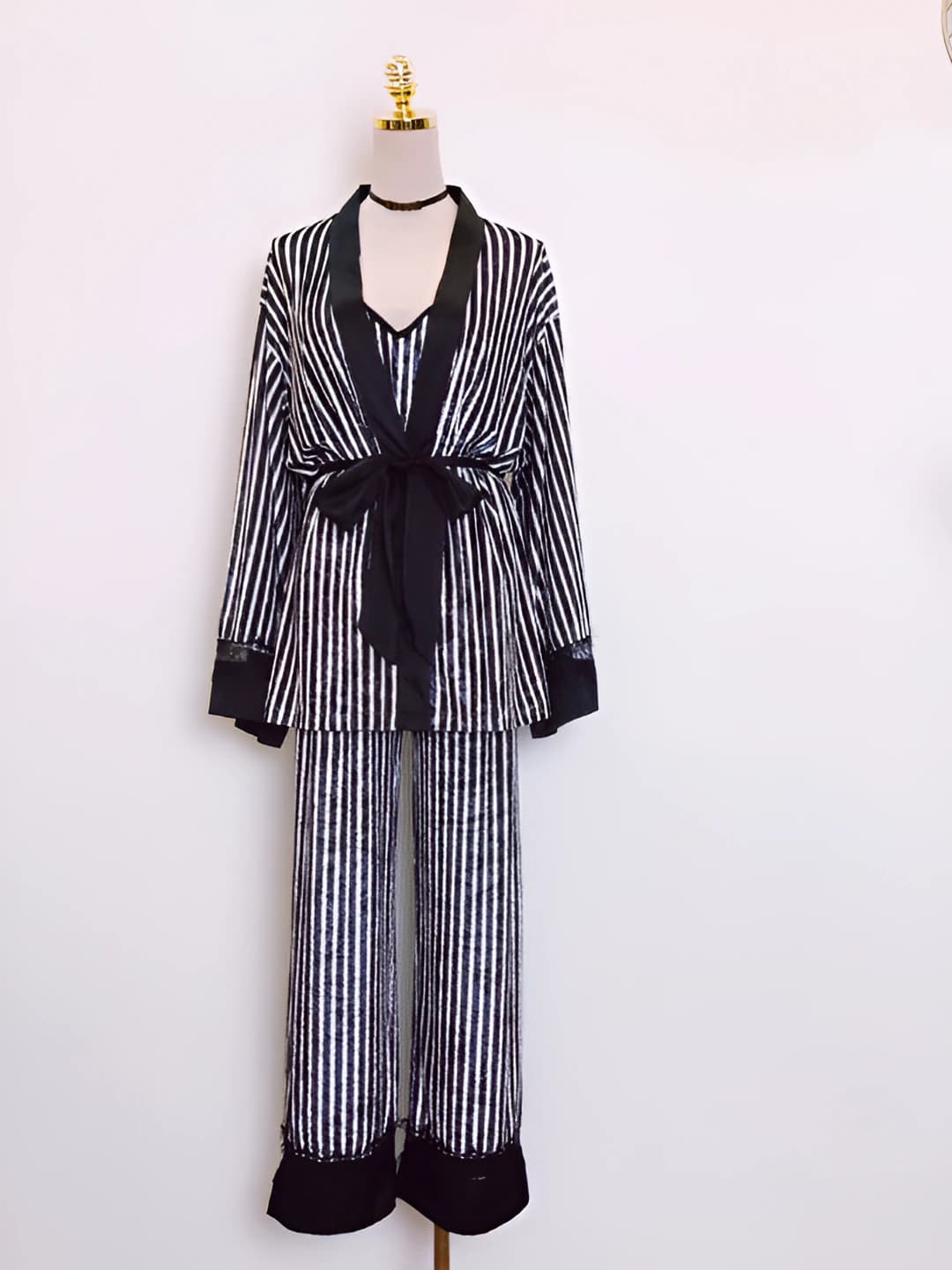 Women's striped home loungewear set (lace wrap top and wide-leg trousers)