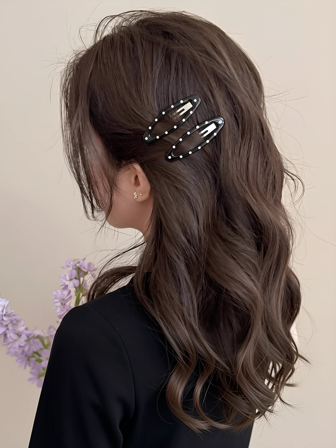 1# Black polka dot, pair, ~6.5 cm