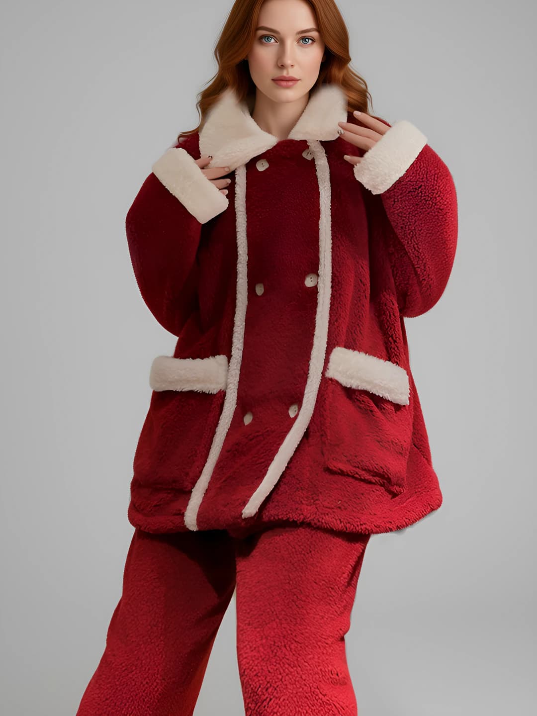 Women's coral fleece loungewear set, thickened, long sleeve, trousers, lapel collar, autumn-winter