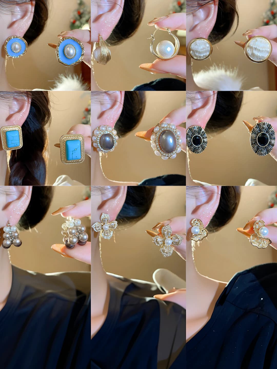 Women's retro style geometric earrings with crystal and faux pearl embellishments