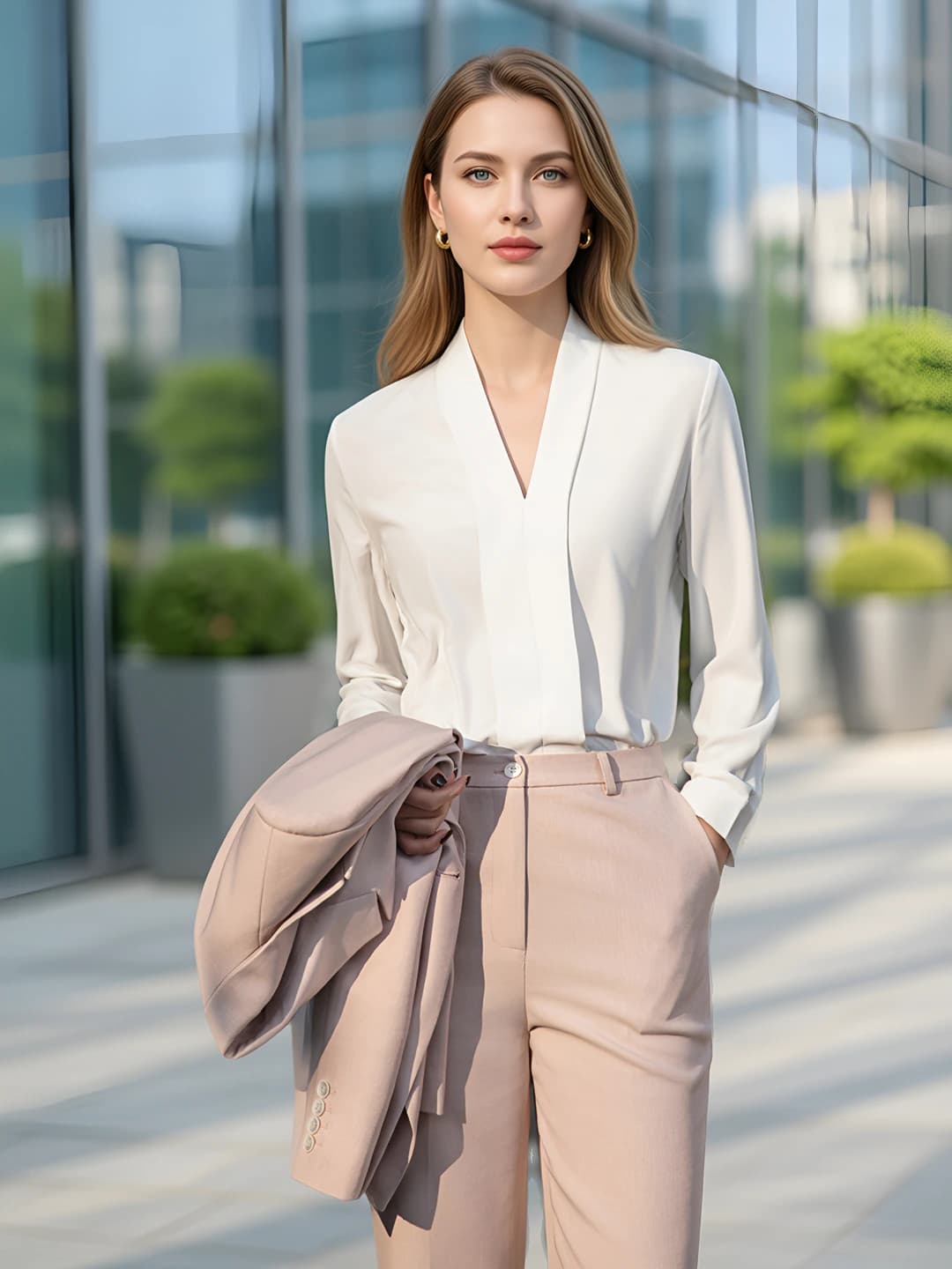 Women's white long-sleeve V-neck satin shirt, autumn-winter