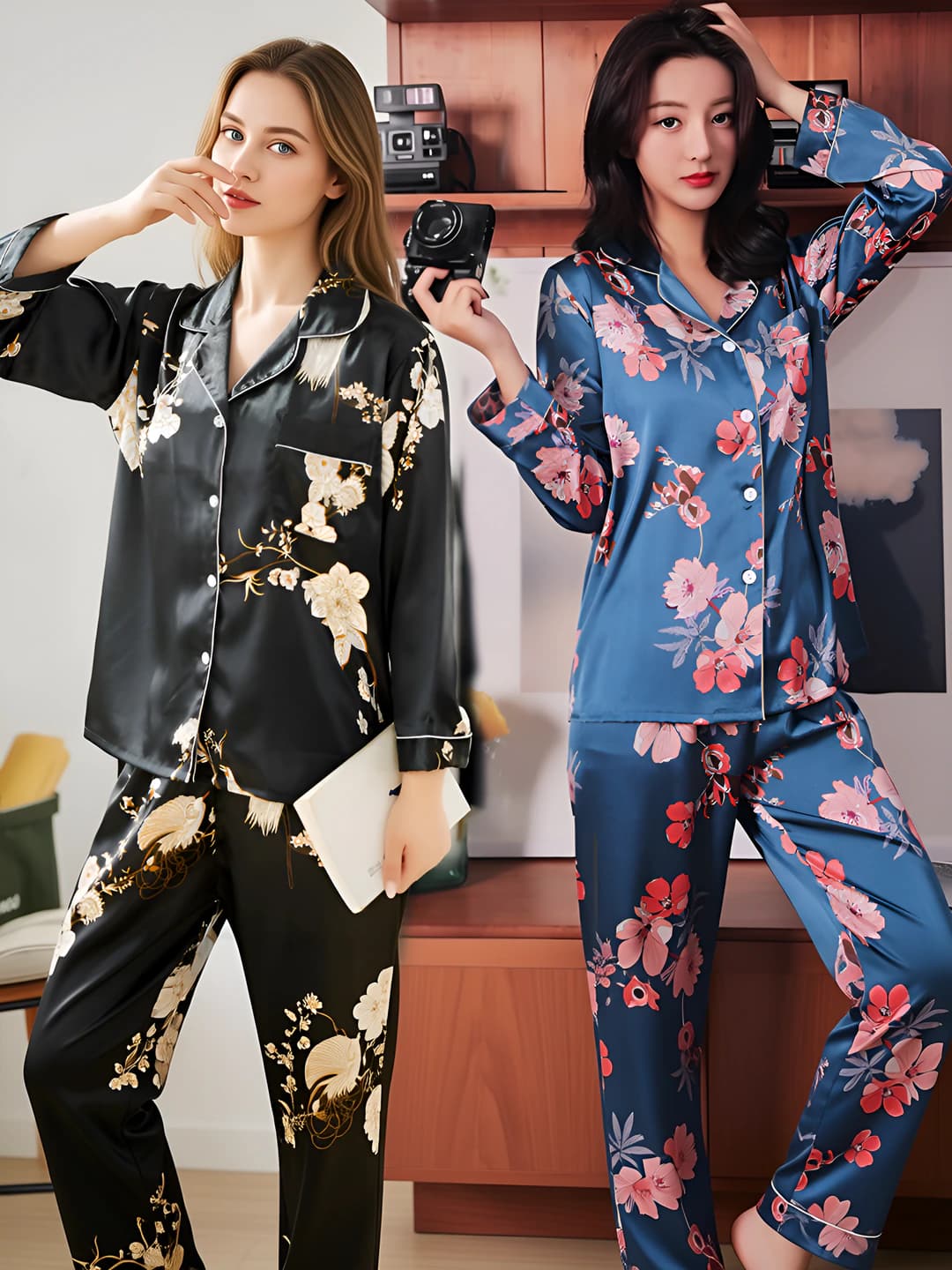 Women's printed pajama set for autumn-winter: long sleeve, trousers, lapel collar, ice-silk fabric, all-season