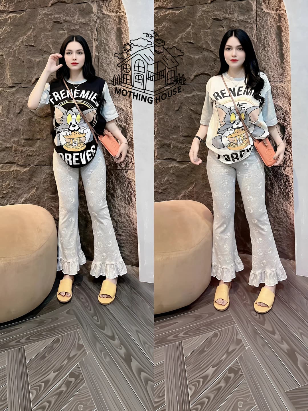 Women's summer Korean style printed set with short sleeves and wide-leg trousers