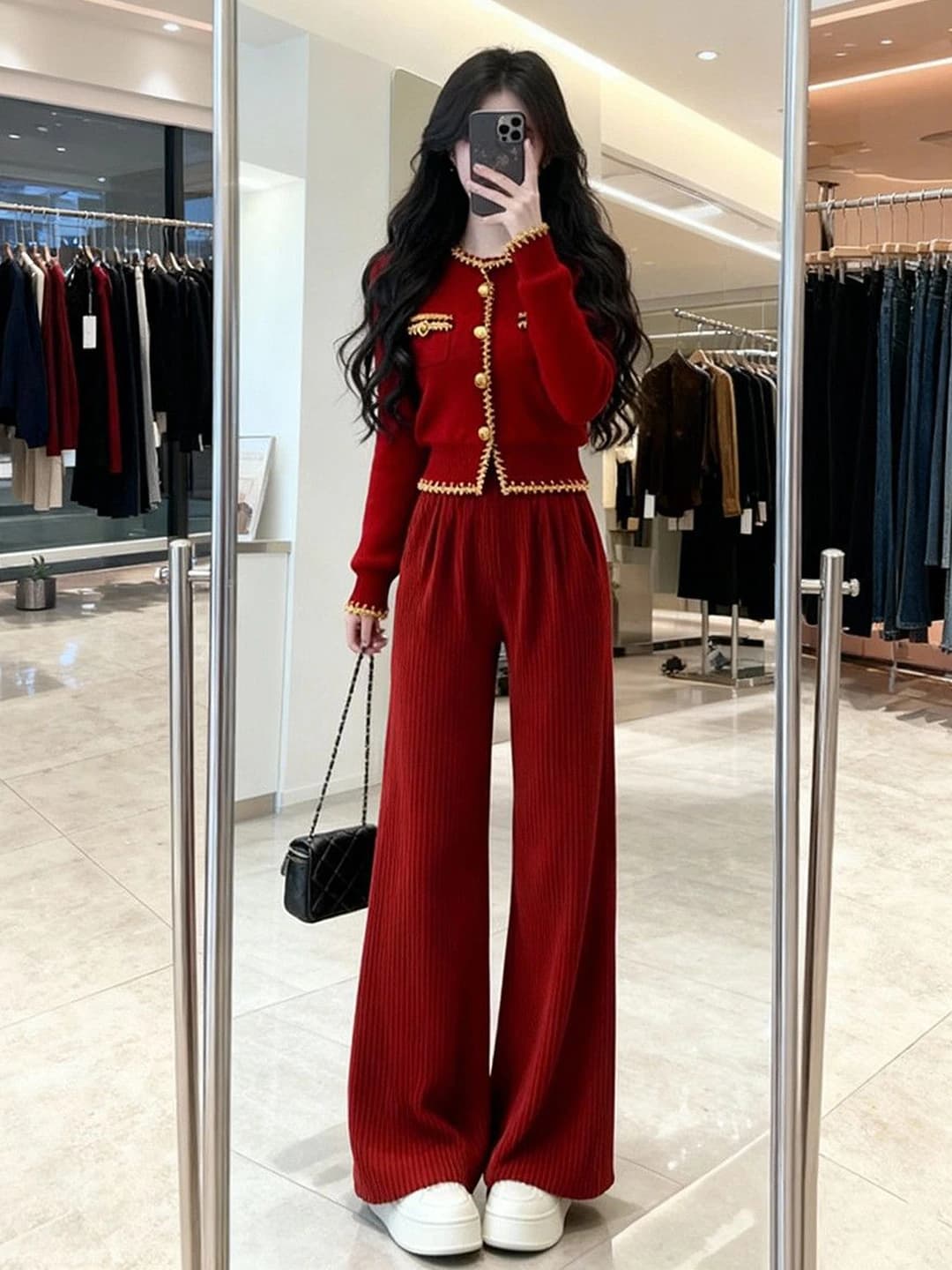 Women's winter knit top and wide-leg trousers set, red, long sleeve, polyester