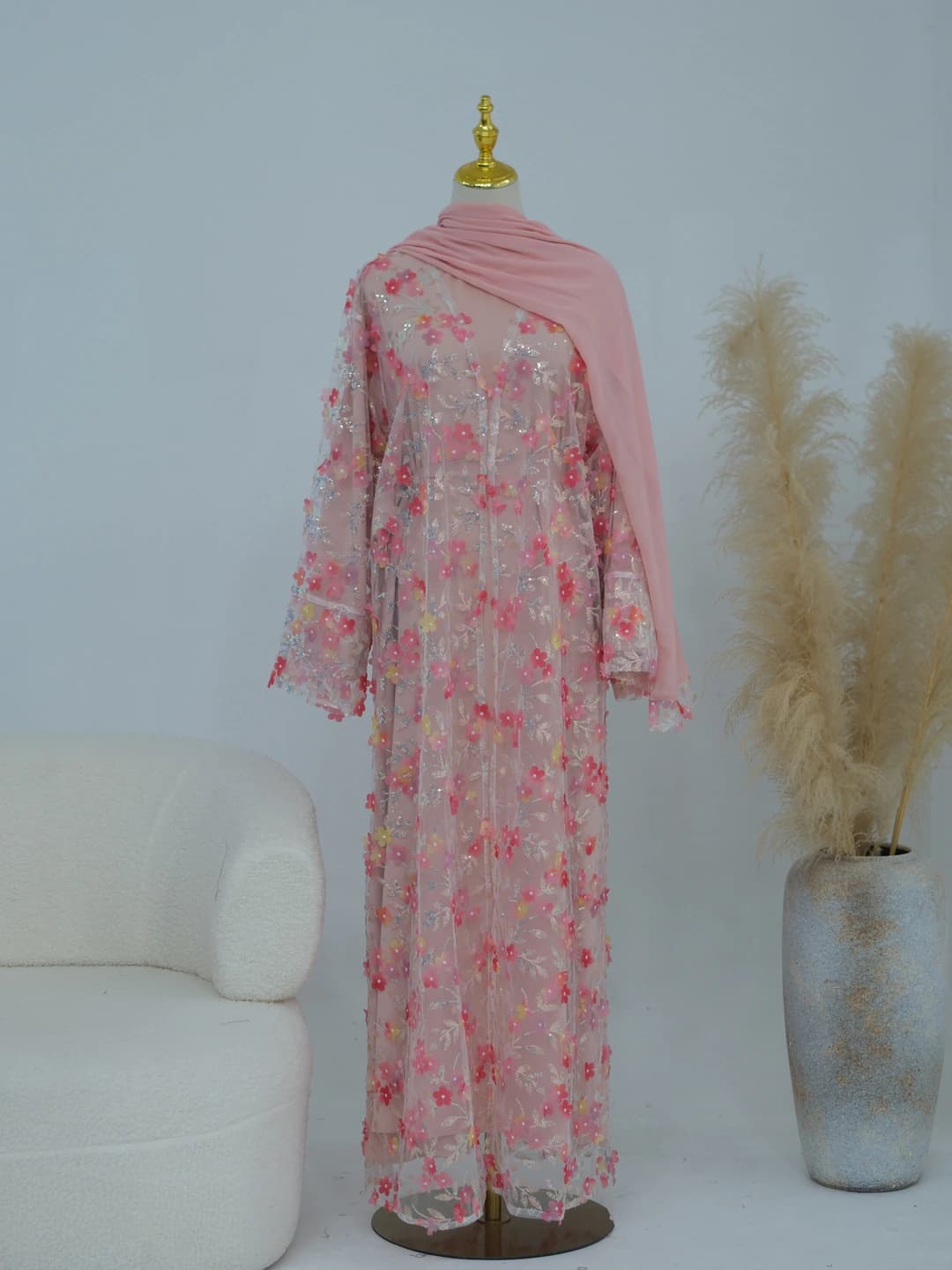 Pink Open Cardigan + Dress + Headscarf