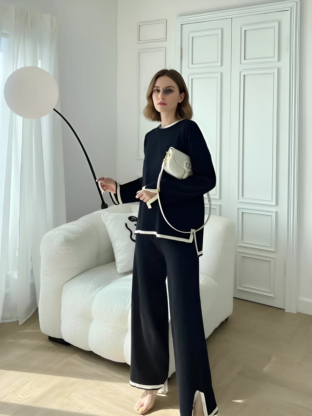Women's 2026 spring-autumn casual set: knit top and high waist slimming wide-leg trousers