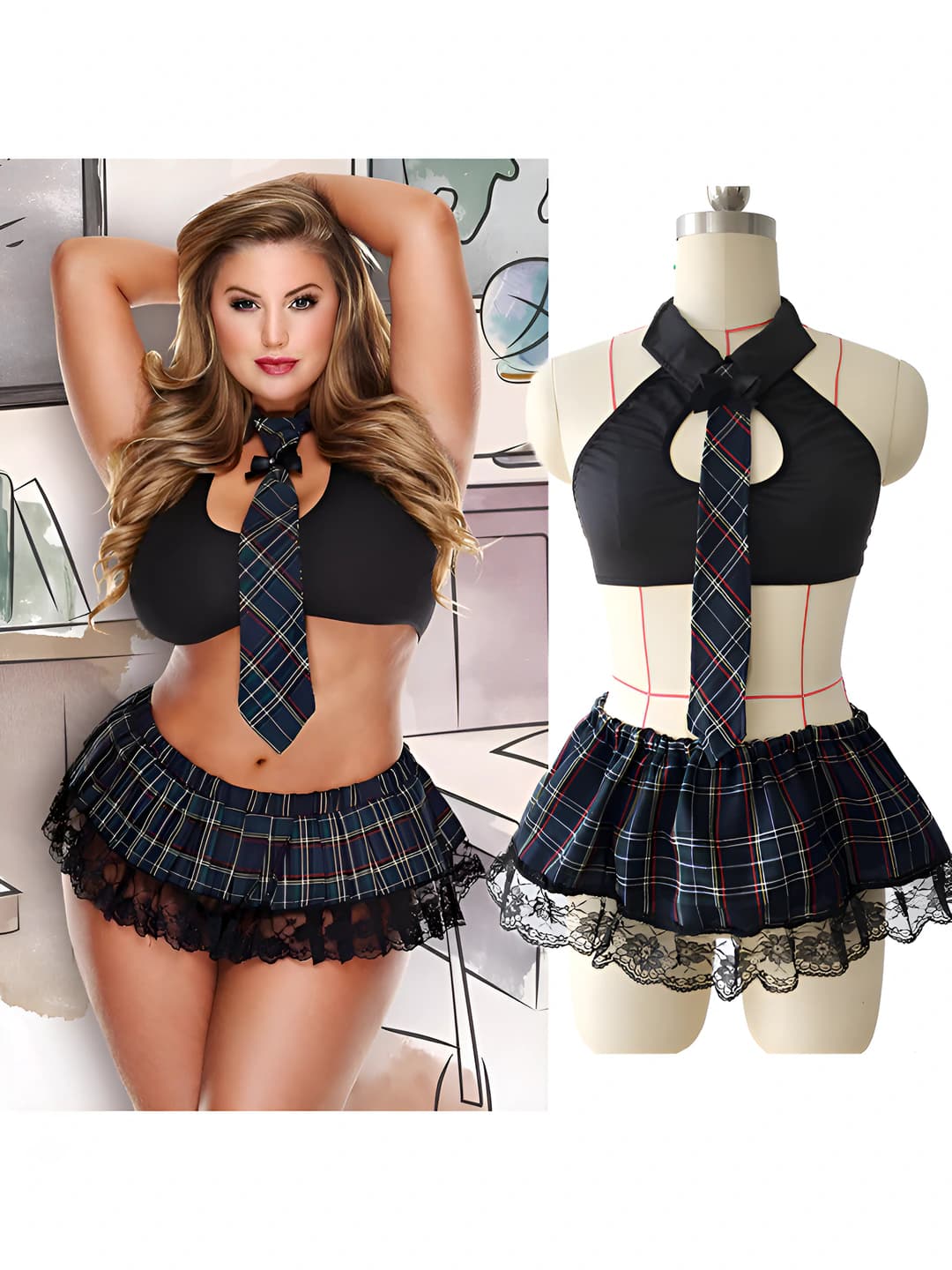 Women's schoolgirl lingerie costume set, polyester fabric, plus size