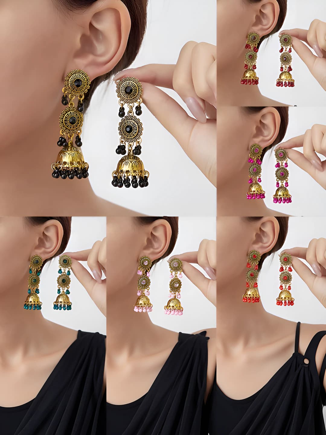 Women's retro bohemian style earrings with rhinestones, colorful beads and bell tassels