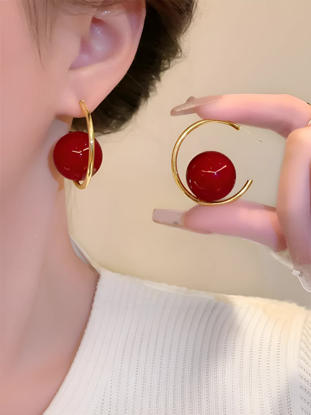 Women's large red pearl earrings, 2026 new year style design element