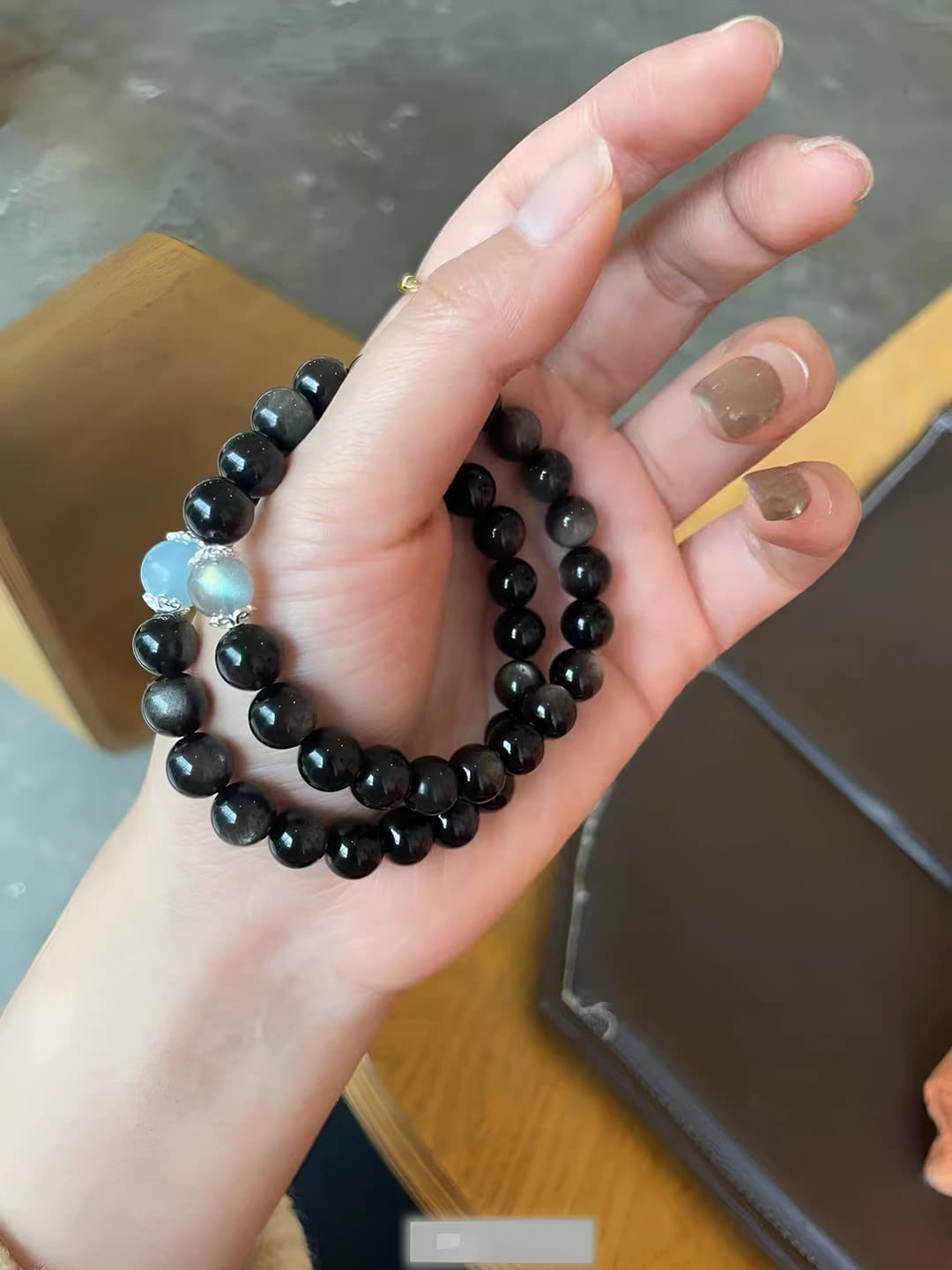 Silver obsidian, aquamarine
